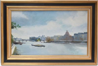 an image of a painting of a river with a bridge in the background