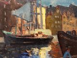 an oil painting of boats in a harbor with buildings in the background
