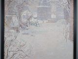 painting of a snowy landscape with a house and trees in the background