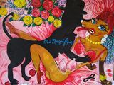 un tableau représentant une femme et un chien sur fond rose