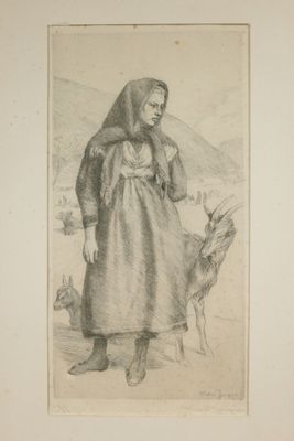 dessin représentant une femme et une chèvre dans un paysage