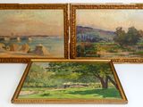 three framed paintings of a landscape with a river and a bridge