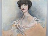 a painting of a woman in a white dress with a scarf around her neck