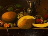 a painting of a still life with fruit and a silver pitcher