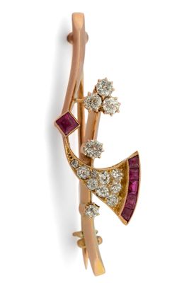 Broche en or rose 14 carats sertie de rubis et de diamants t…