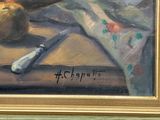 a painting of an apple and a knife on a table