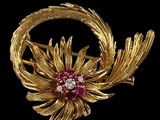 une image représentant une broche en or et rubis ornée de feuilles