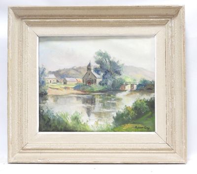 an image of a painting of a farm by a river