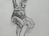 a black and white drawing of a nude woman sitting on her knees