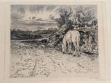 a drawing of a horse grazing in a field