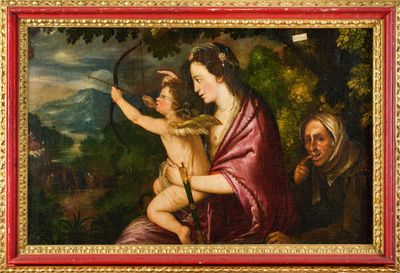 une image représentant un tableau où l'on voit une femme tenant un arc et un enfant