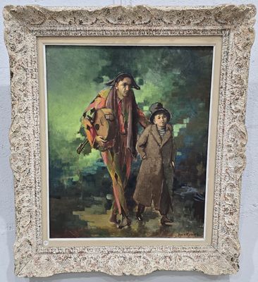un vieux tableau représentant un homme et un enfant marchant dans une rue