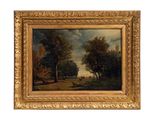 une peinture d'un paysage avec des arbres et une rivière au premier plan