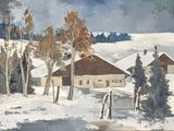 a painting of a farm in the snow with trees in the foreground