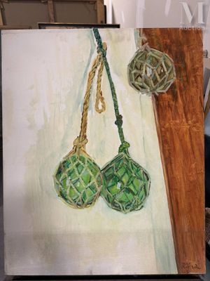 peinture représentant deux boules vertes suspendues à une corde sur une toile