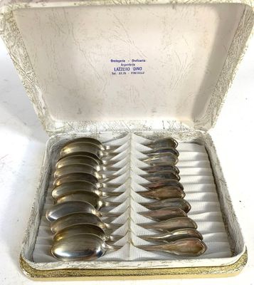 six spoons in a silver case on a white surface