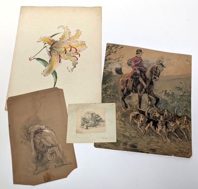 three old postcards of a man riding a horse and a dog