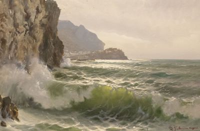 un tableau représentant des vagues se brisant contre une falaise rocheuse