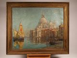 painting of a painting of a boat in a body of water with a building in the background