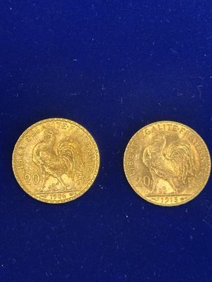 two pieces of gold coins on a blue surface