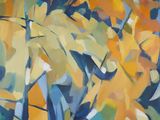 an oil painting of yellow leaves in a vase on a table
