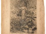 an old picture of a woman standing in a field of flowers
