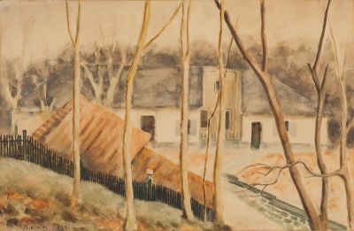 un tableau représentant une maison dans les bois, avec une clôture
