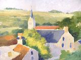 a painting of a village with a church in the background