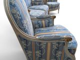 an image of a set of four blue and white striped chairs