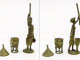 three different views of a statue of a man with a stick and a bowl