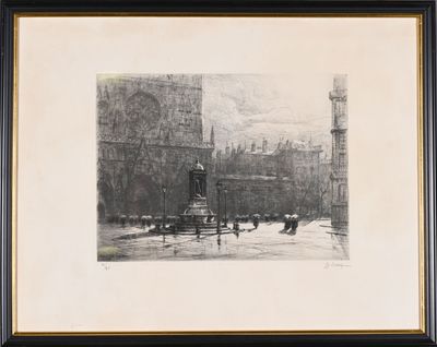 une image représentant un dessin en noir et blanc d'une tour horloge dans une ville