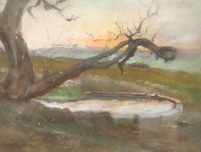 un tableau représentant un arbre et un bateau sur l'eau