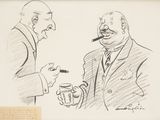 drawing of two men in suits smoking a cigarette and drinking a beer