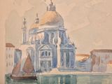 a watercolor painting of a church and a boat in the water