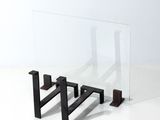 a glass table with a metal base and a glass top