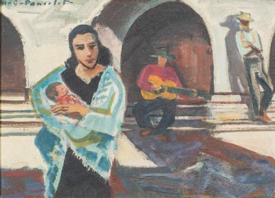 tableau représentant une femme tenant un bébé dans ses bras et un homme jouant de la guitare dans une cour