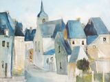 une peinture à l'huile représentant une ville aux toits bleus et dotée d'une tour horloge
