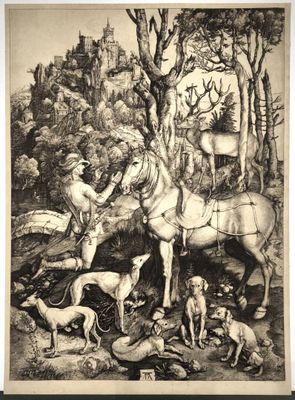 black and white drawing of a man on a horse surrounded by animals