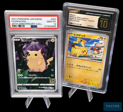 Deux cartes à collectionner Pokémon sont présentées dans des pochettes en plastique sur un fond noir.