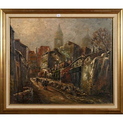 une peinture à l'huile représentant une scène de rue avec une église à l'arrière-plan