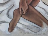 a painting of a woman sitting on a bed with her legs crossed