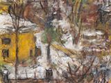 an image of a painting of a yellow house in the snow
