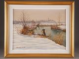 painting of two ducks in the snow by a river
