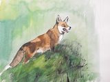 painting of a dog running in the grass on a sunny day