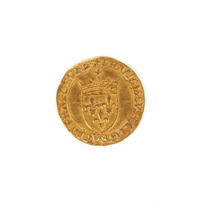 gros plan d'une pièce d'or sur une surface blanche