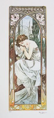 un tableau représentant une femme assise sur un banc