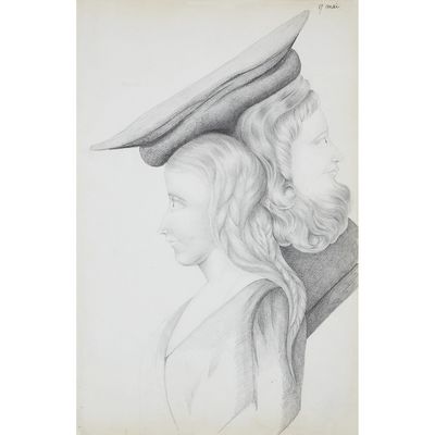 a drawing of two women with hats on their heads