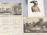 three old prints of a man with a headdress and other items