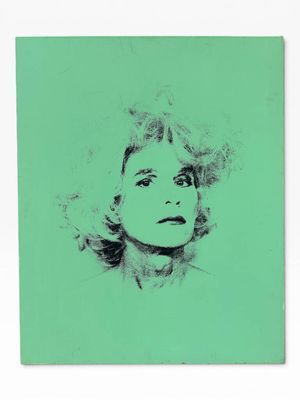a painting of a woman ' s face on a green background