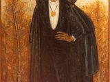 an oil painting of a man in a black coat standing in a field